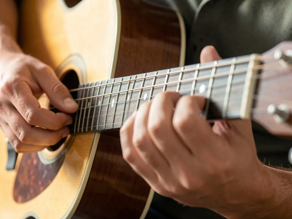 Mãos de um iniciante posicionadas no braço do violão, dedos pressionando as cordas, luz natural suave, foco no aprendizado e concentração