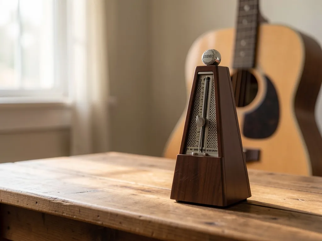 Metrônomo sobre mesa de madeira ao lado de violão, representando treino de ritmo para iniciantes