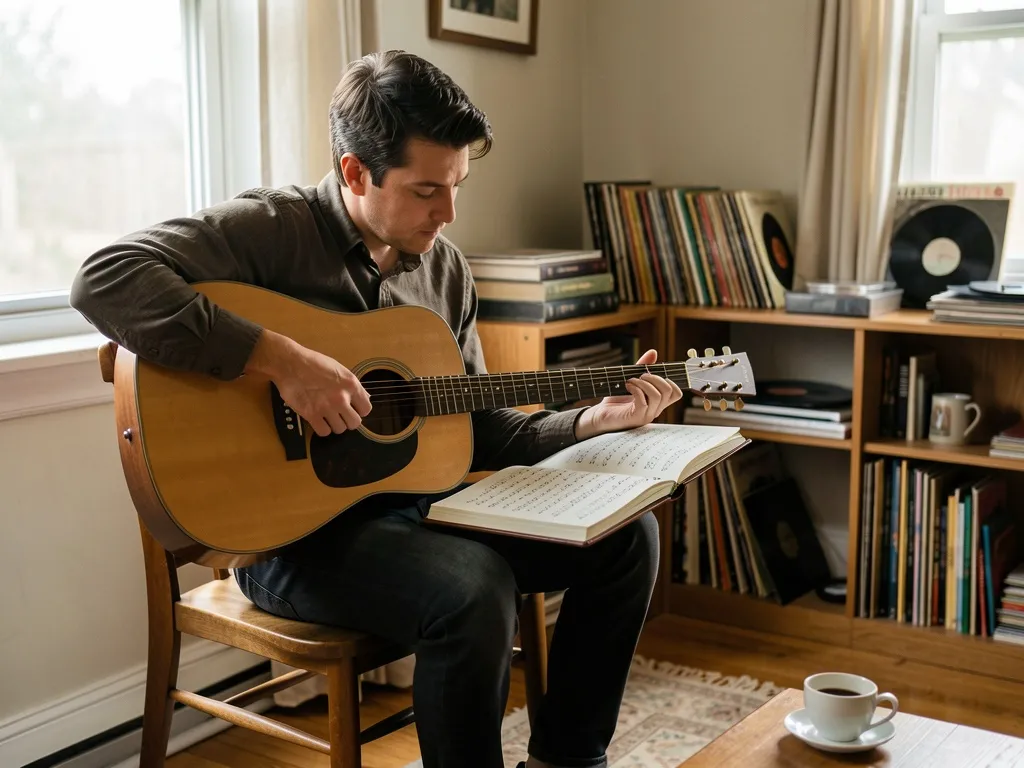 Compositor com violão no colo e caderno de anotações musicais, refletindo sobre progressões de acordes