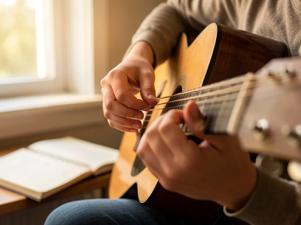 Mãos de iniciante posicionando os dedos nos acordes do violão em ambiente caseiro e acolhedor