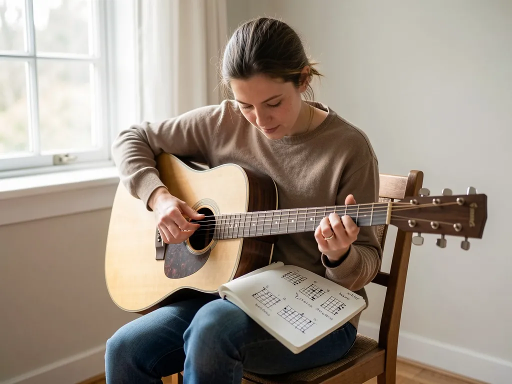 Violonista estudando campo harmônico com caderno de acordes