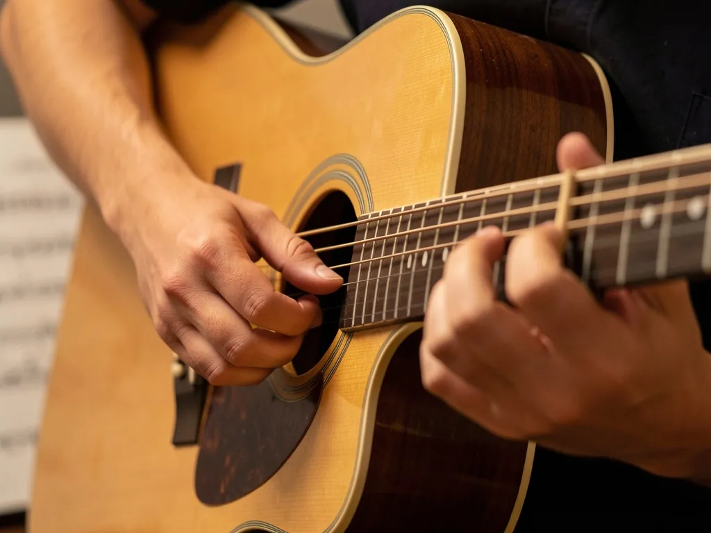 Mão direita tocando a batida pau e corda no violão, polegar nas cordas graves e dedos nas agudas, movimento rítmico