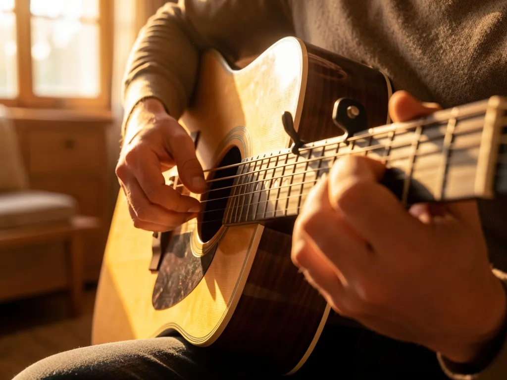 Mãos de músico tocando violão com pestana, luz dourada, close-up artístico