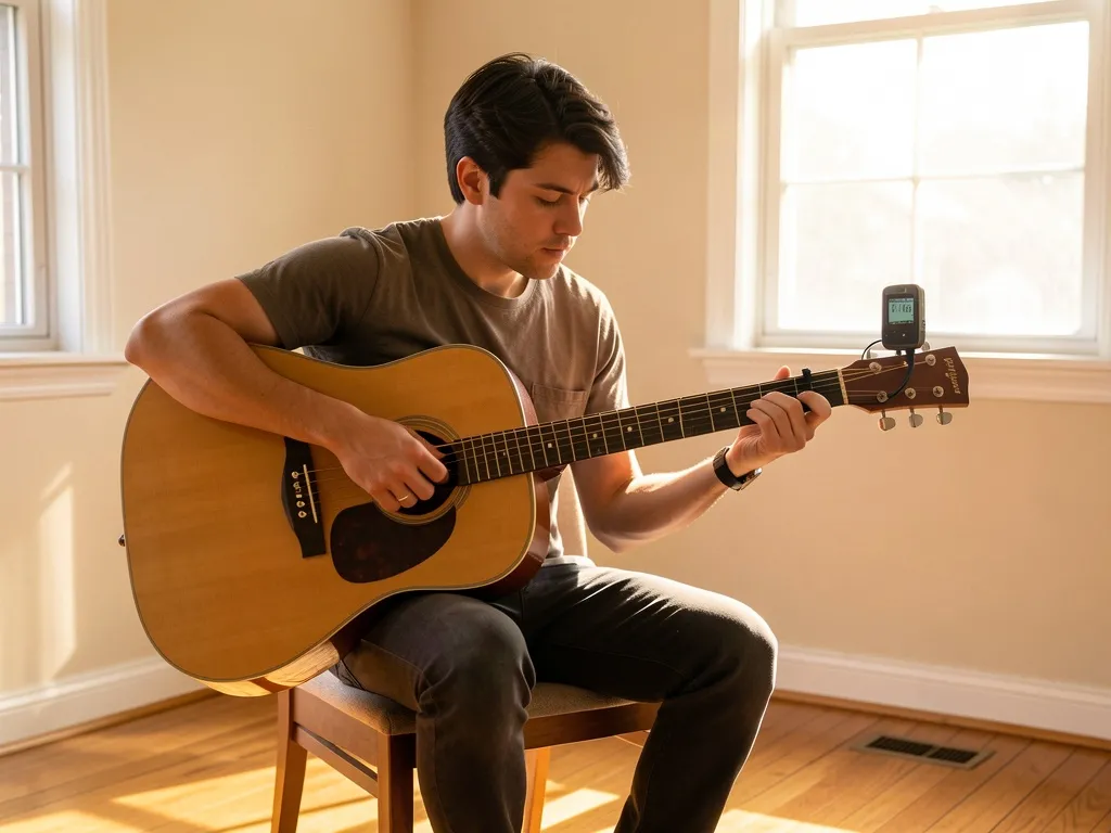 Iniciante afinando violão com afinador digital em casa, luz natural da manhã