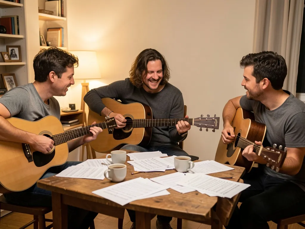 Músicos em jam session com violões, partituras e café, atmosfera colaborativa