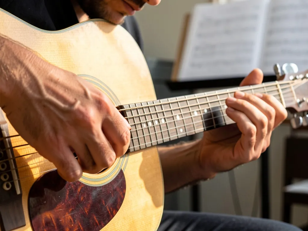 Mãos de músico fazendo bending em violão acústico, com foco nos dedos pressionando as cordas