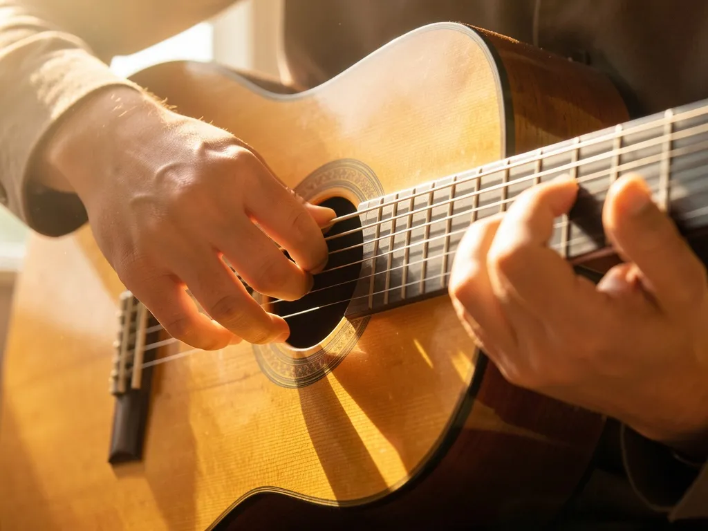 Mãos de violonista pressionando acordes no braço do violão com luz natural e expressão de descoberta musical
