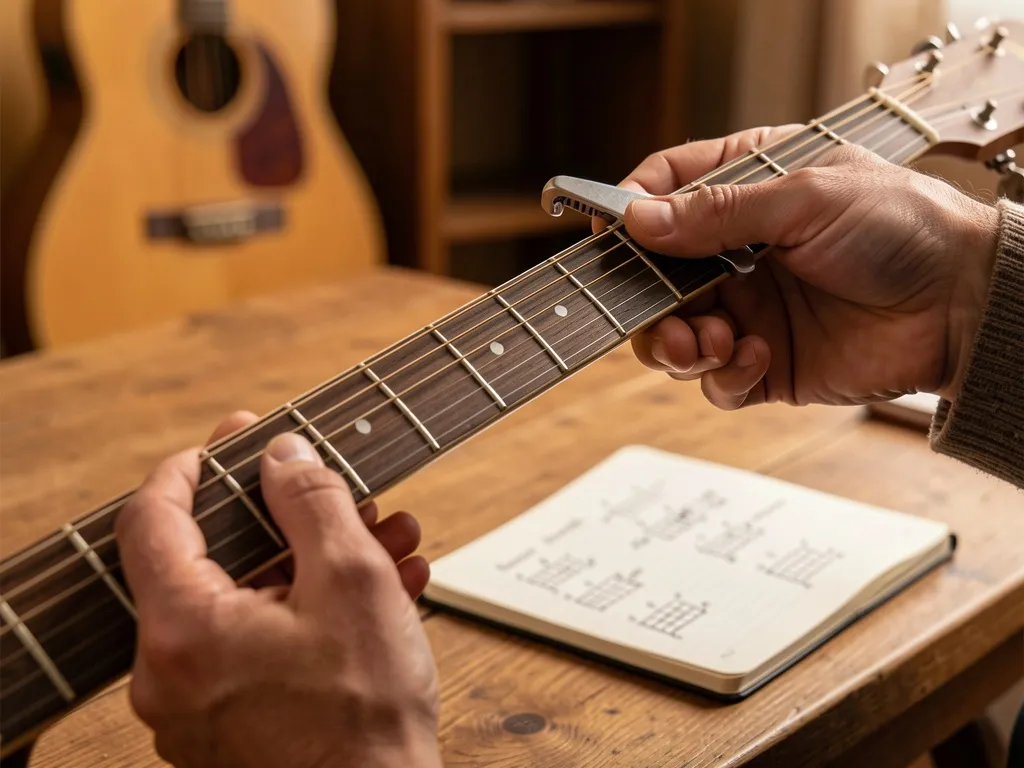 Mãos de iniciante ajustando capotraste no braço do violão com caderno de cifras ao fundo