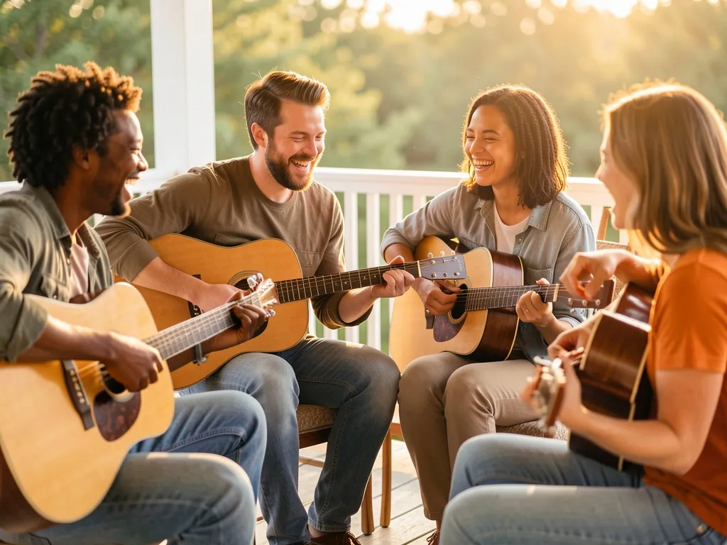 Grupo de amigos tocando violão em uma roda ao ar livre, em um ambiente descontraído e acolhedor