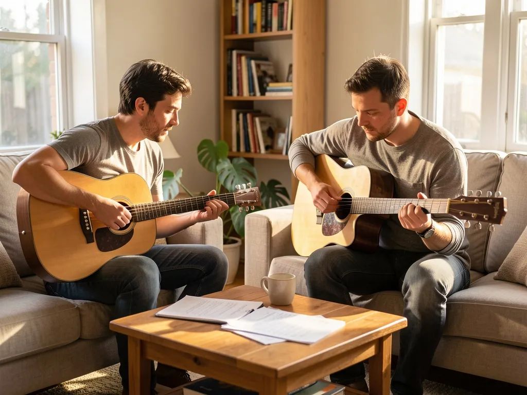Dois violonistas tocando estilos diferentes de música brasileira em uma sala iluminada pelo sol da tarde