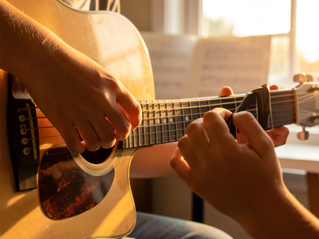 Mãos de um iniciante tocando violão com luz natural, dedos sobre as cordas do braço do instrumento
