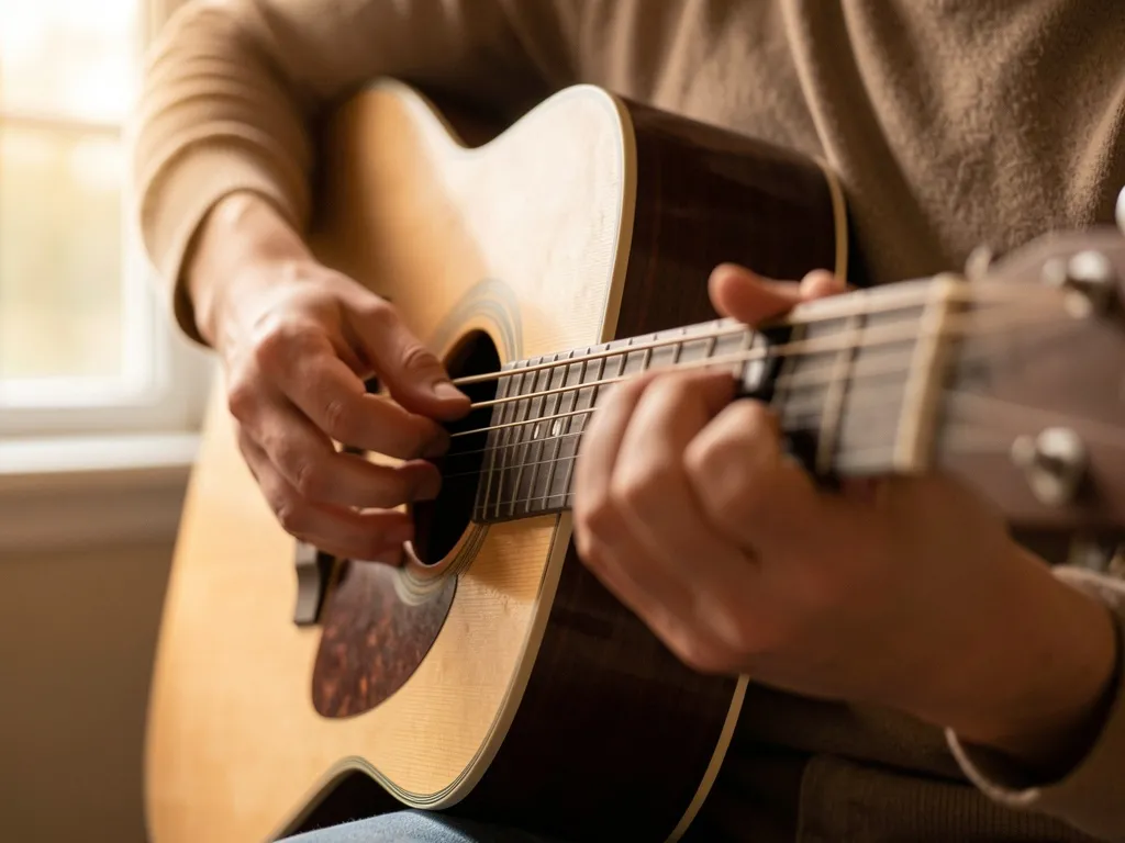 Mãos de uma pessoa segurando um violão, dedos pressionando as cordas no braço do instrumento em um ambiente aconchegante