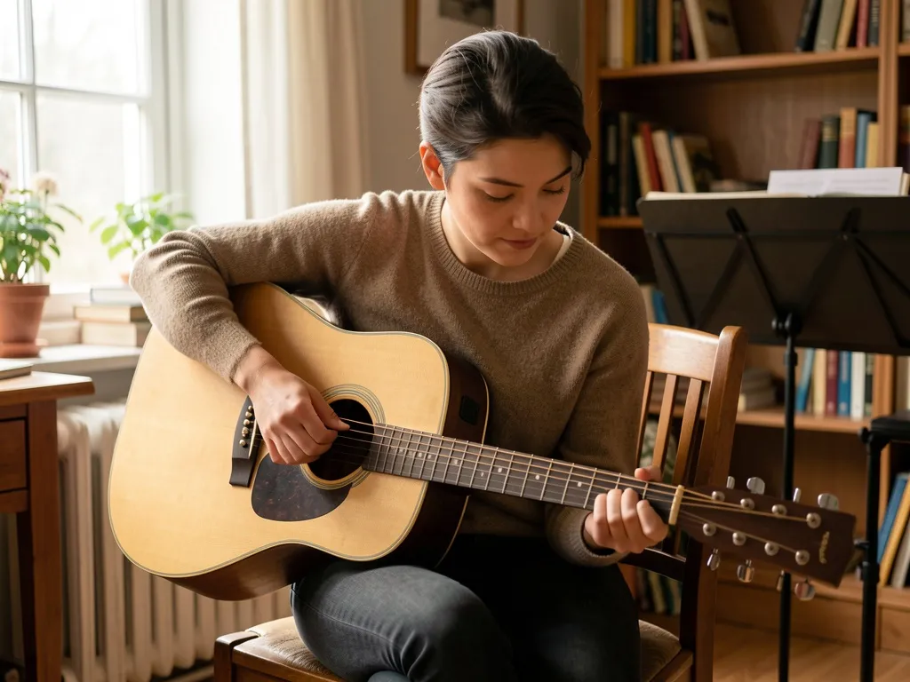 Pessoa sentada em uma cadeira de madeira em um quarto iluminado, segurando um violão e olhando para o braço do instrumento com expressão concentrada e calma