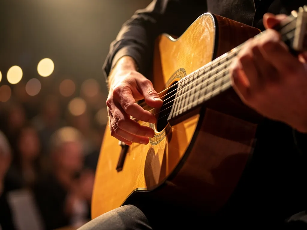 Mãos de violonista no palco com luz suave e plateia desfocada ao fundo