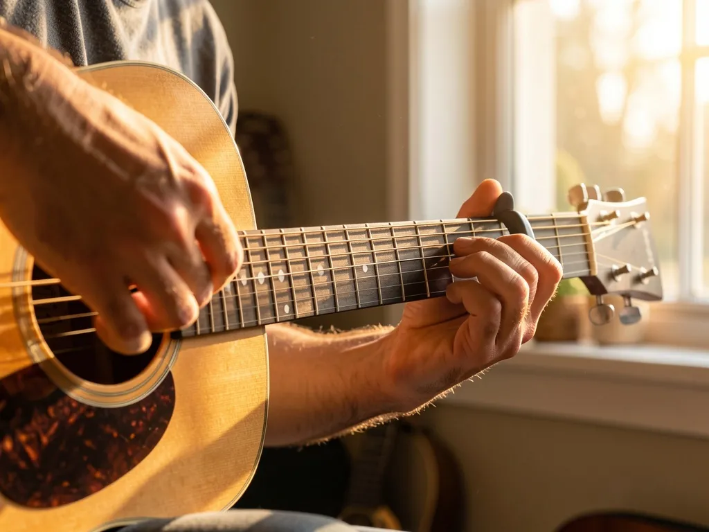 Mãos de violonista posicionando capotraste no braço do violão, luz natural aquecida