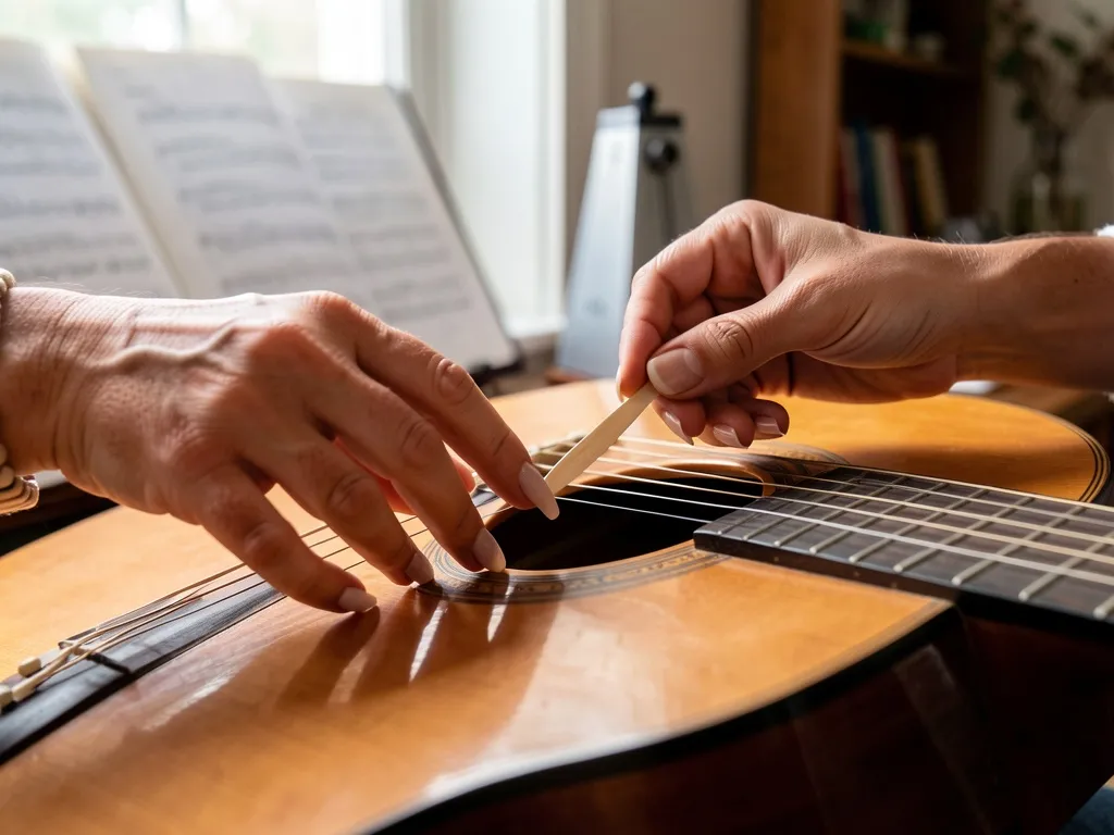 Mãos de violonista com unhas e palheta sobre cordas de violão clássico em close-up