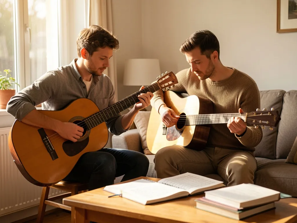 Dois violonistas sentados lado a lado em sala iluminada, um em postura clássica e outro em postura popular, representando as diferenças entre os estilos.