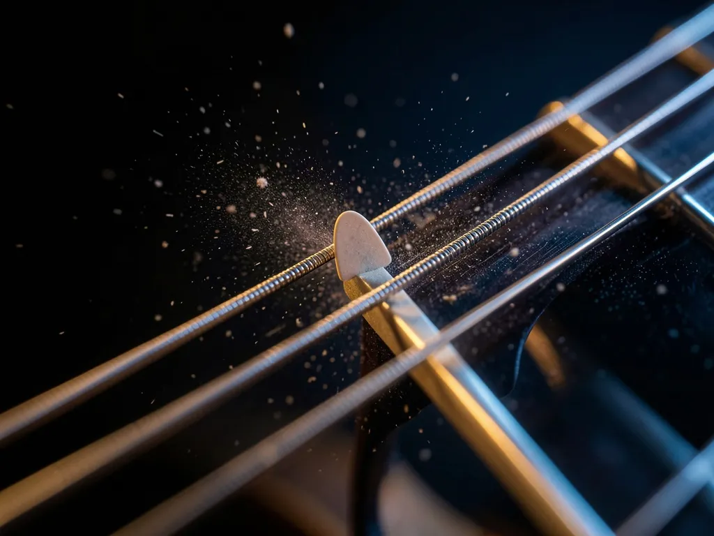 Macro extremo de palheta tocando corda de violão em ângulo, com partículas de poeira e reflexos metálicos