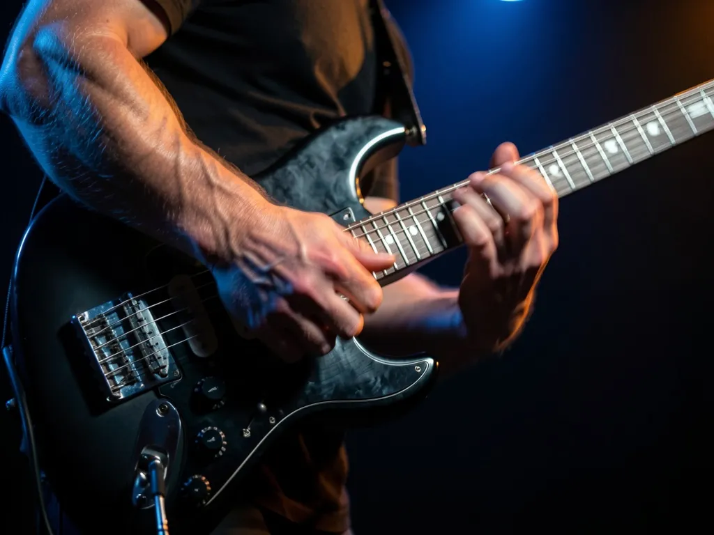 Antebraço e punho de guitarrista em movimento rápido de palhetada alternada, com desfoque dinâmico e iluminação de palco