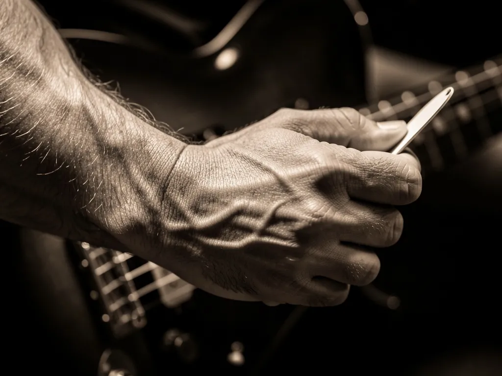 Close-up da mão direita de um violonista segurando palheta, com antebraço em movimento e cordas do violão desfocadas ao fundo
