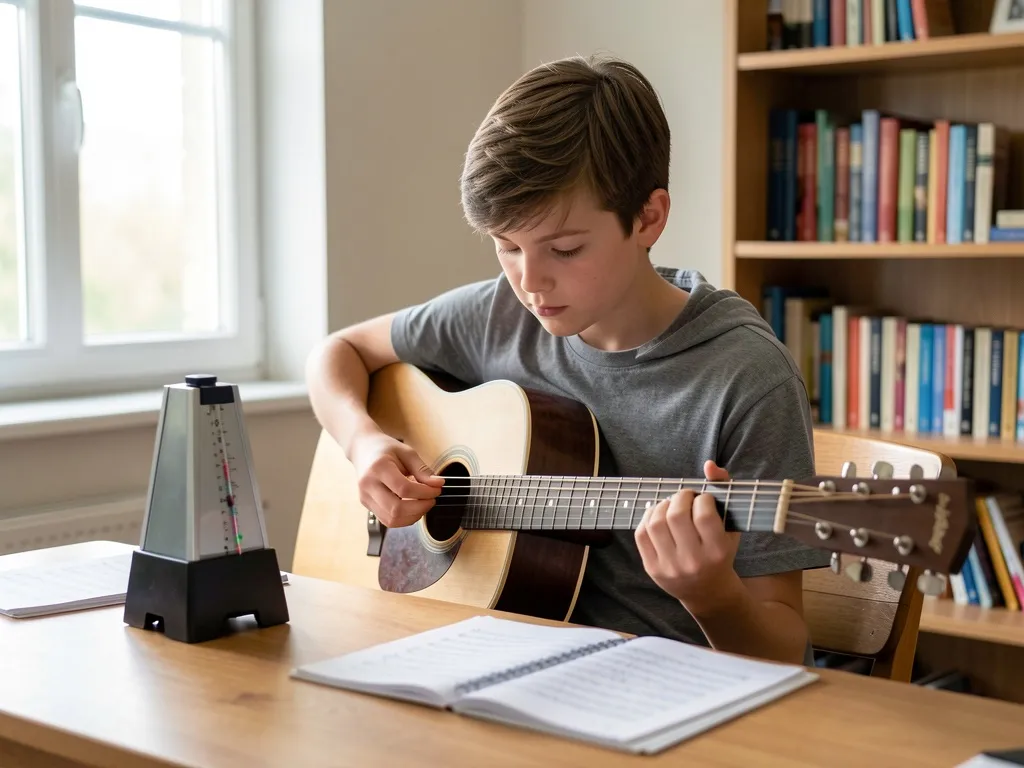 Jovem estudando violão com metrônomo e partitura, foco no ritmo