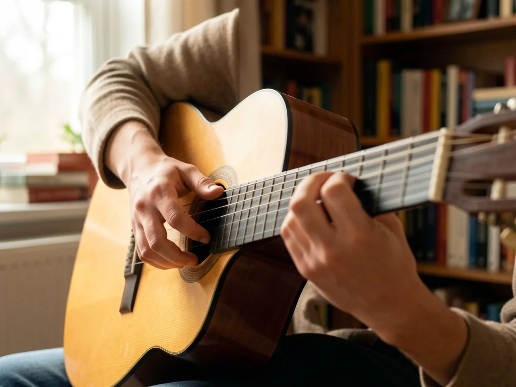 Mãos de um jovem segurando um violão de nylon em um ambiente acolhedor, luz natural suave