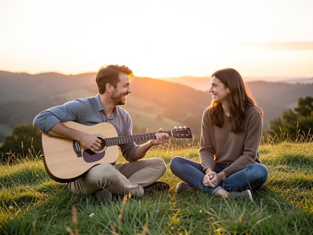 Dois amigos tocando violão juntos ao ar livre, sem equipamentos eletrônicos, em clima de confiança e autonomia musical
