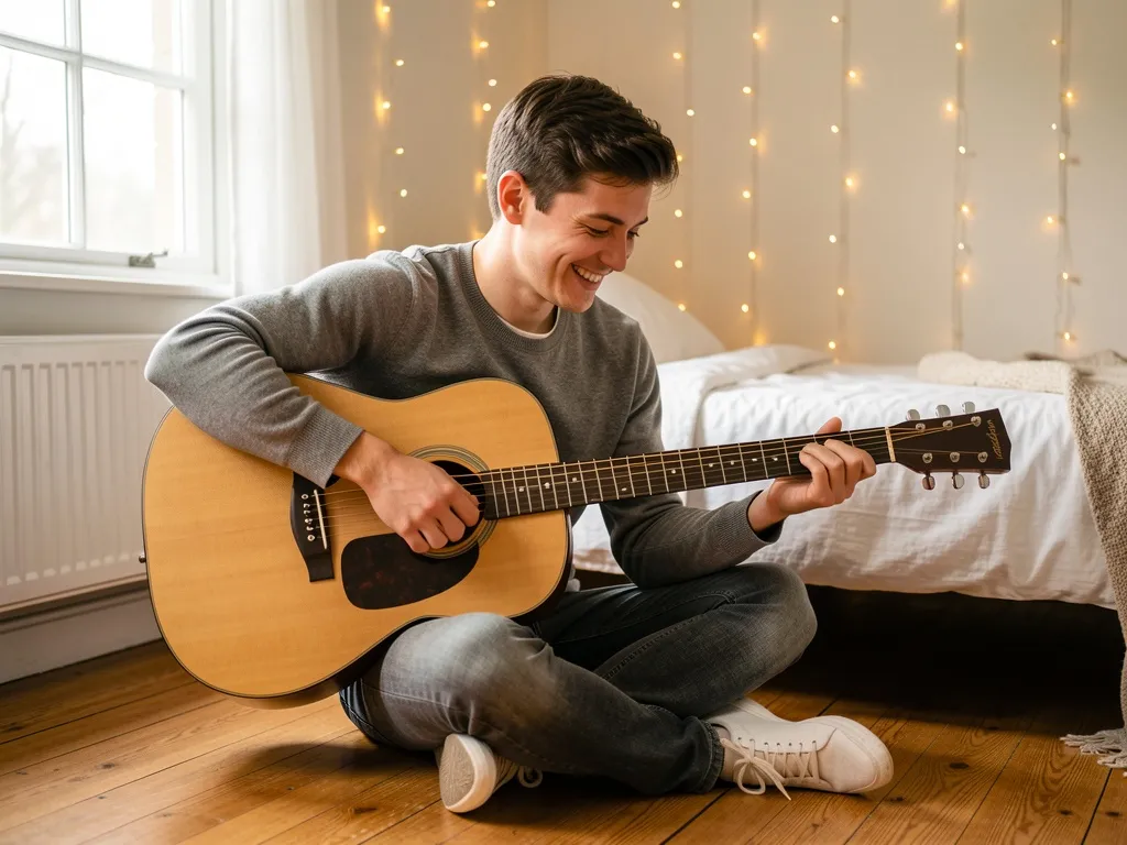 Jovem sentado no chão tocando violão acústico e sorrindo em ambiente aconchegante