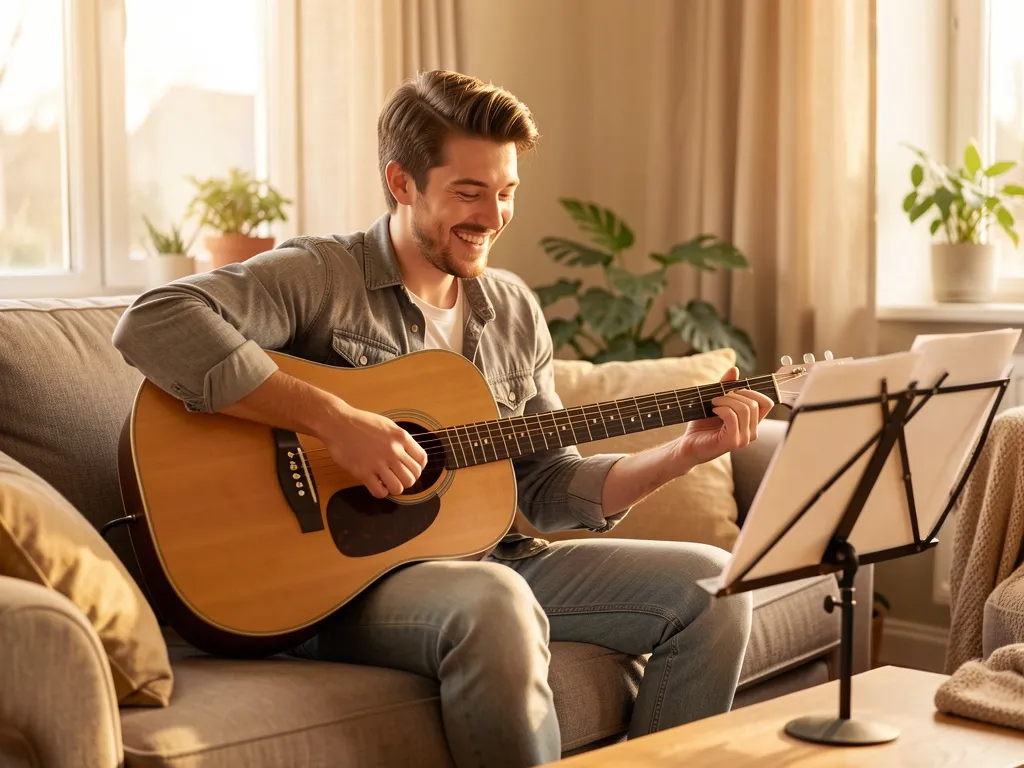 Jovem sorrindo enquanto toca violão sentado no sofá de casa, com partituras simples ao lado
