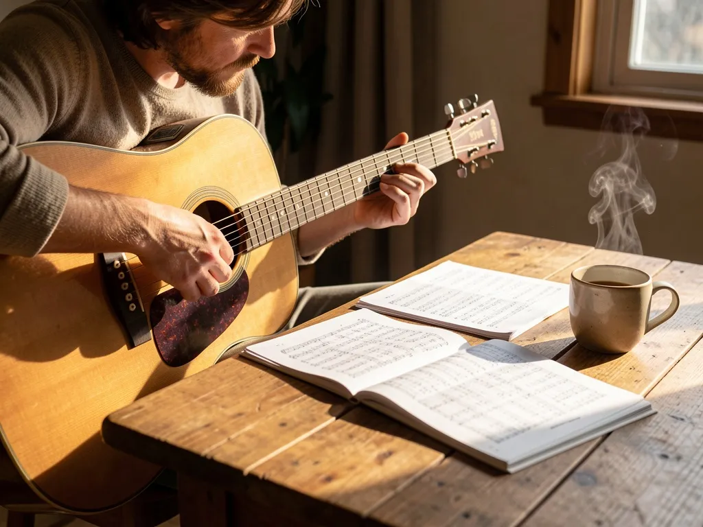 Violonista praticando em casa com partituras e café, luz da tarde